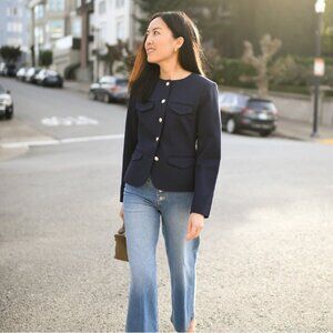 NWT Ann Taylor Petite Ponte Crew neck Jacket, Navy, Size OOP